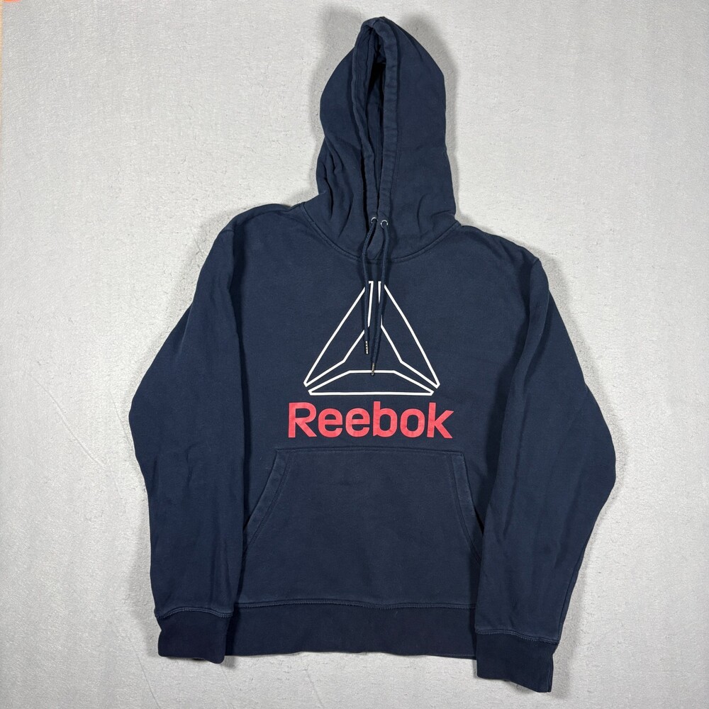 Reebok Dark Blue Red Spellout White Delta Logo Pullover Hoodie Sweatshirt Men L